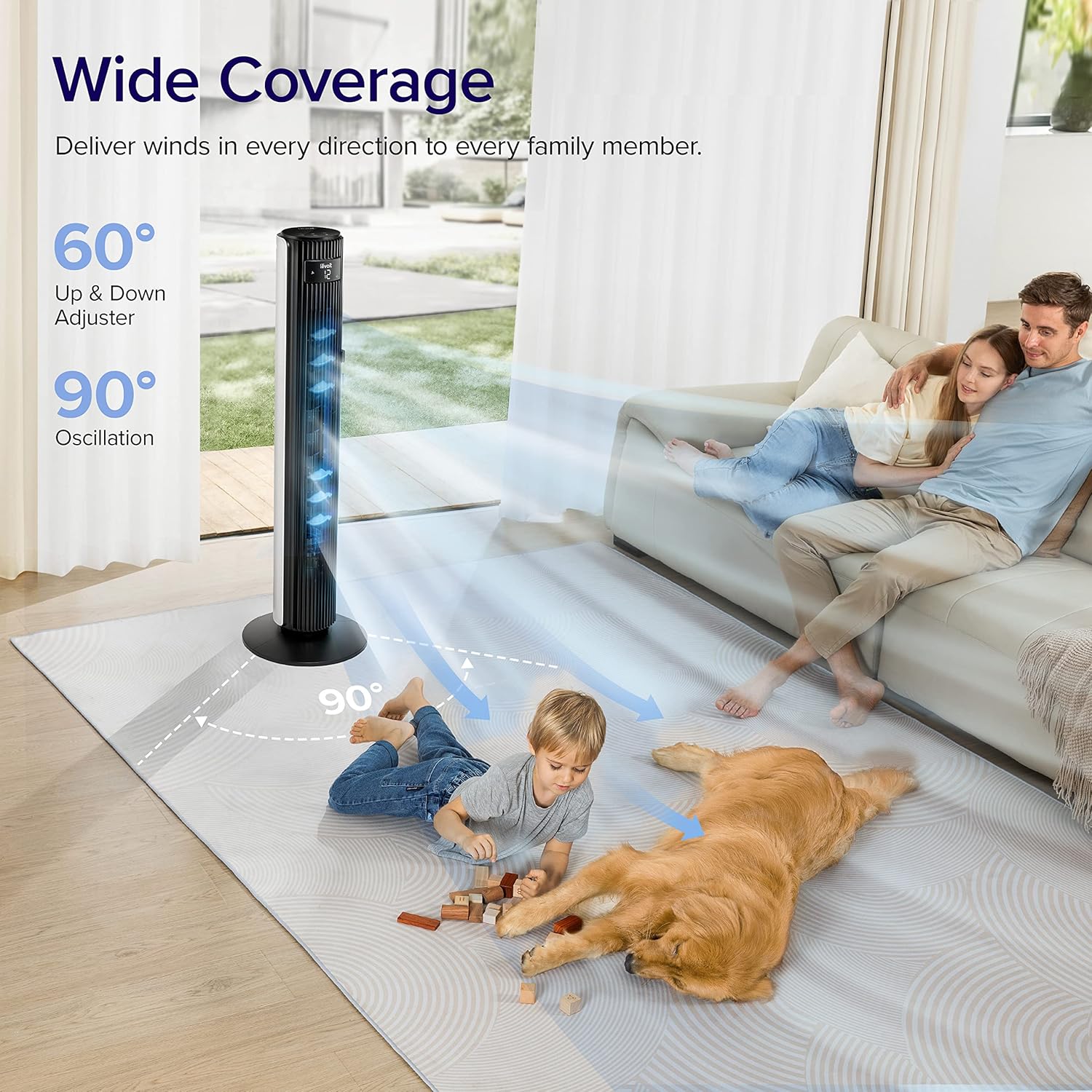 LEVOIT Tower Fan for Bedroom, Standing Fan with 28dB Quiet for Sleep, Remoter, 12H Timer, 25ft/s Velocity, 5 Speeds, 4 Modes, 90° Oscillation for Home, Office, Indoor, Bladeless 36 inch, White wourant