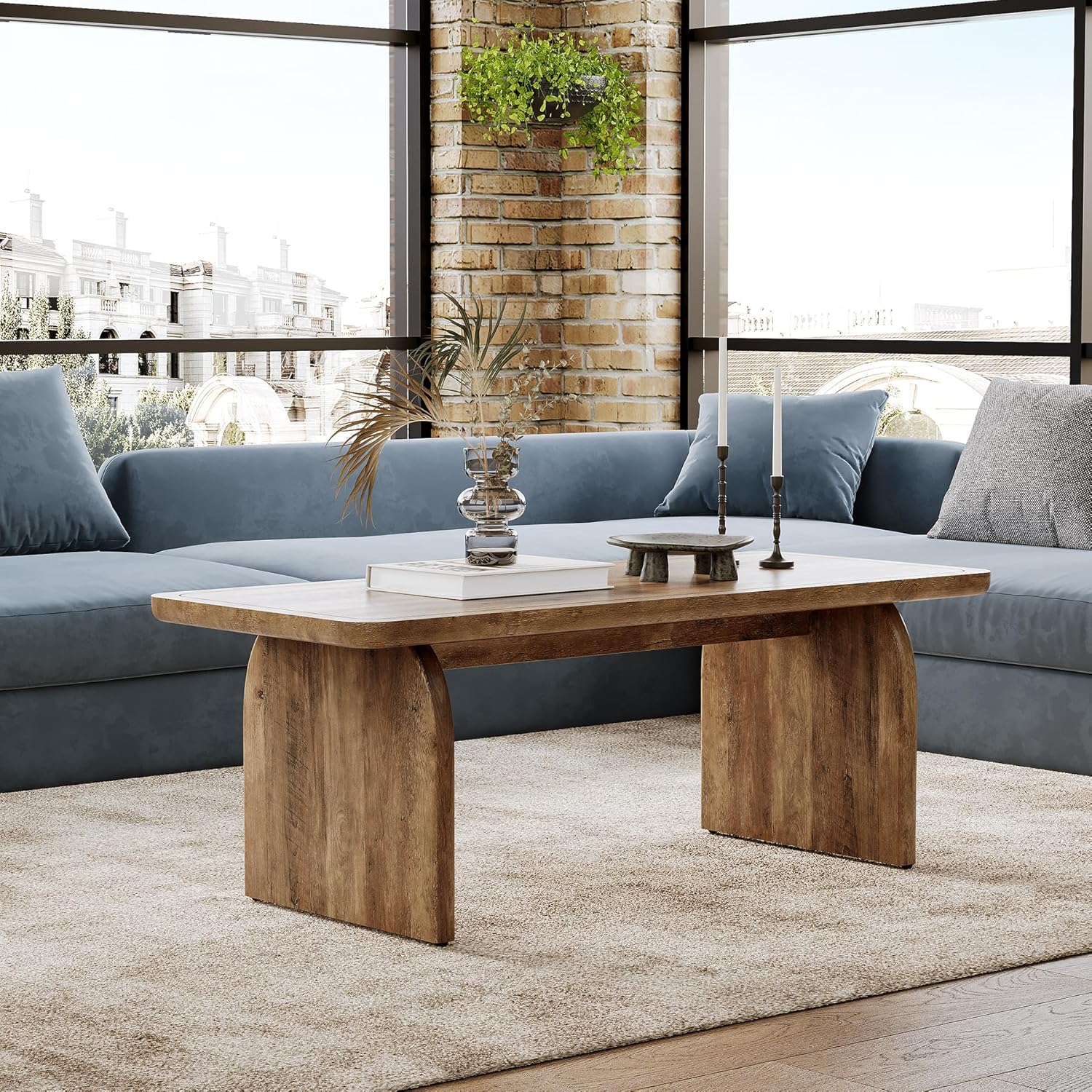 LITTLE TREE Farmhouse Coffee Table, 47 Inch Round Corner Wood Center Table, Rectangular Living Room Table, Modern Low Cocktail Tea Set wourant