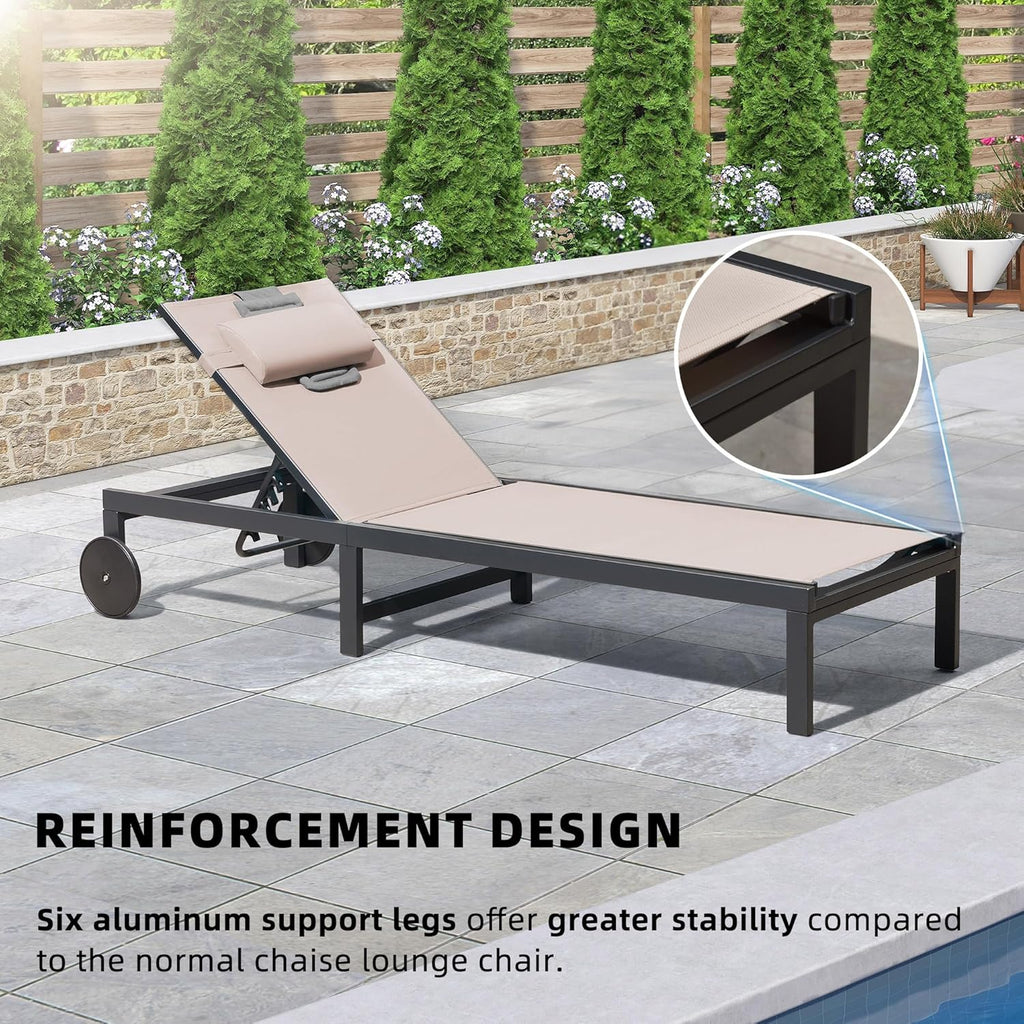 PURPLE LEAF Patio Tanning Lounge Chair Set with Face Down Hole Outdoor Aluminum Adjustable Reclining Chairs Wheels Pillows and Table for Poolside Beach Sunbathing Lounger, Beige wourant