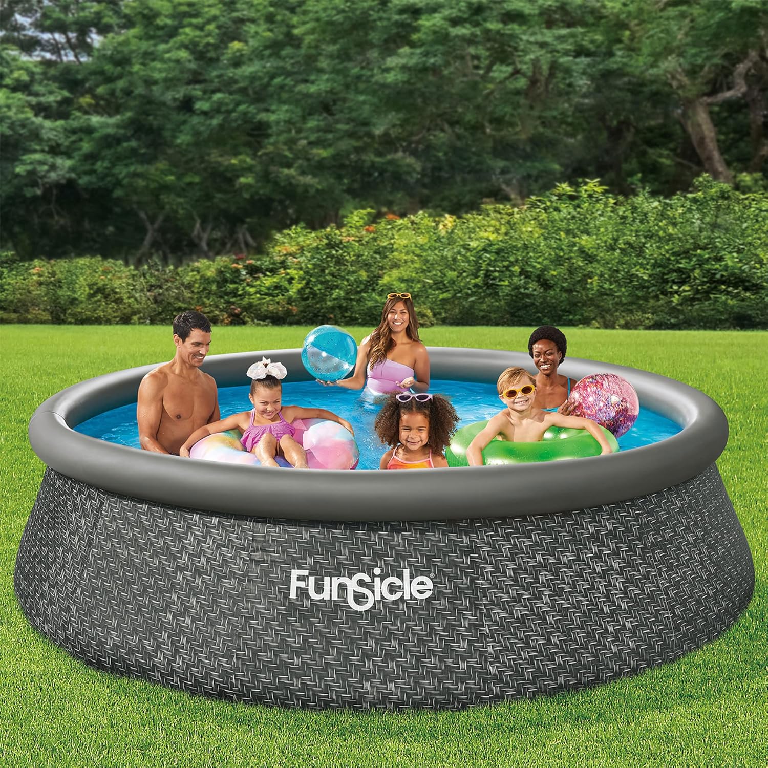 Funsicle 12 Foot by 36 Inch Quickset Round Inflatable Ring Top Outdoor Above Ground Swimming Pool Set with Pump and Cartridge Filter, Dark Herringbone wourant