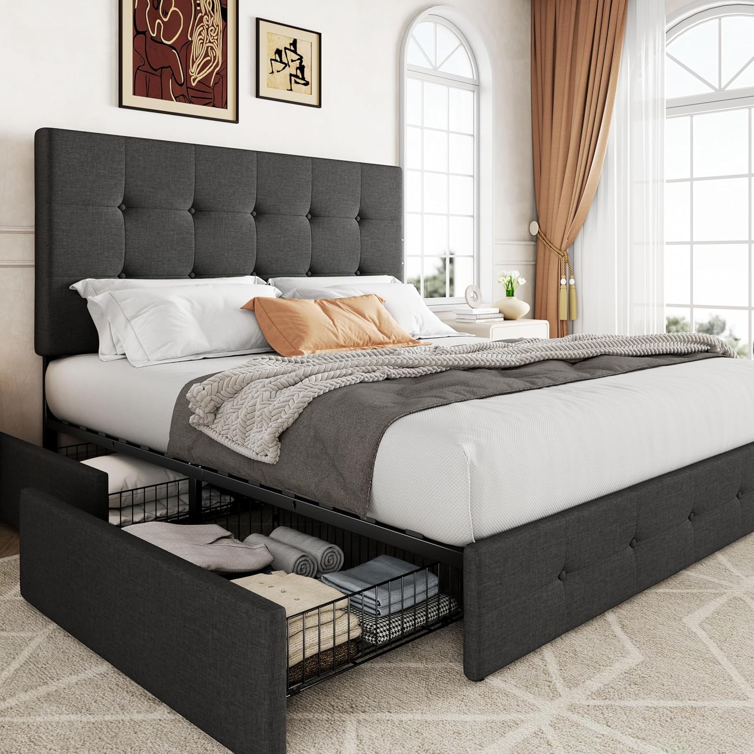Allewie Upholstered Queen Size Platform Bed Frame with 4 Storage Drawers and Headboard wourant