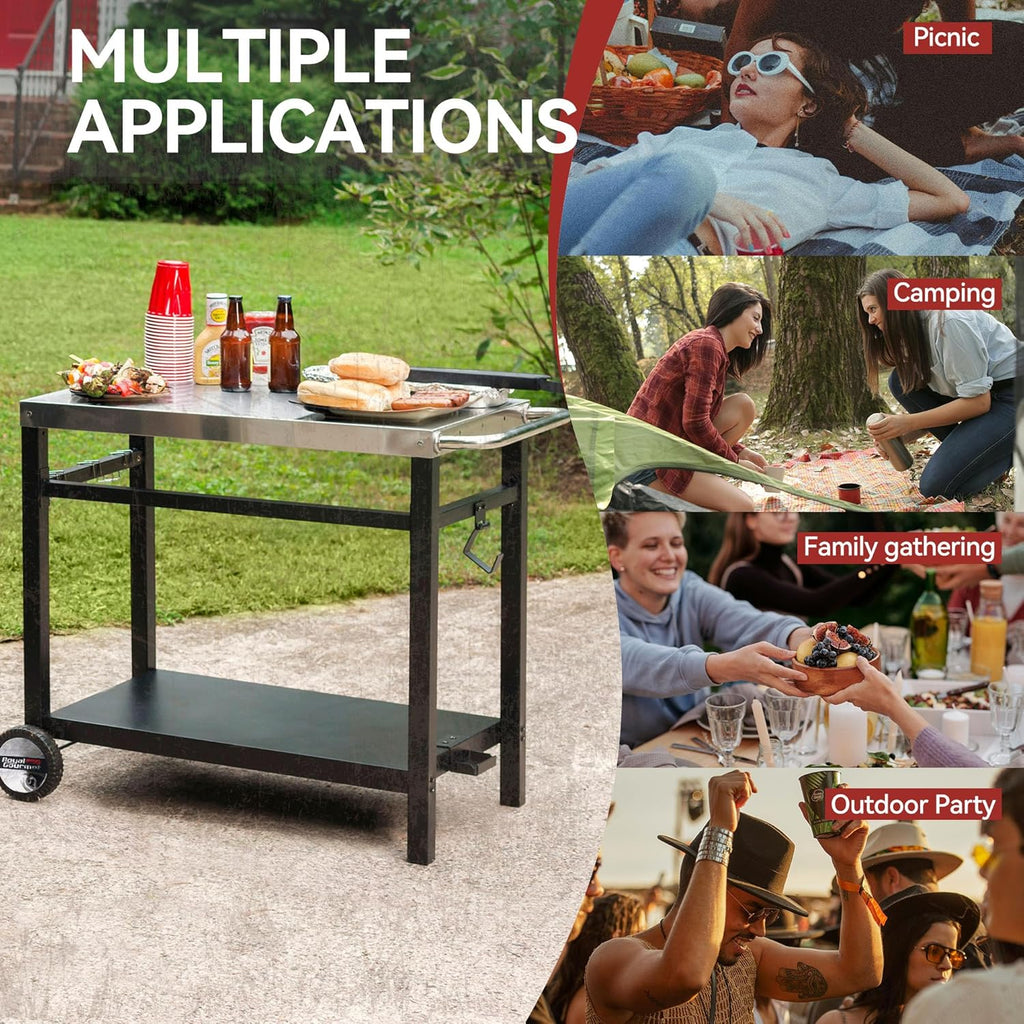 Royal Gourmet Dining Cart Table with Double-Shelf, Movable Stainless Steel Flattop Grill Cart, Hooks, Side Handle, Multifunctional PC3401B (Black) wourant