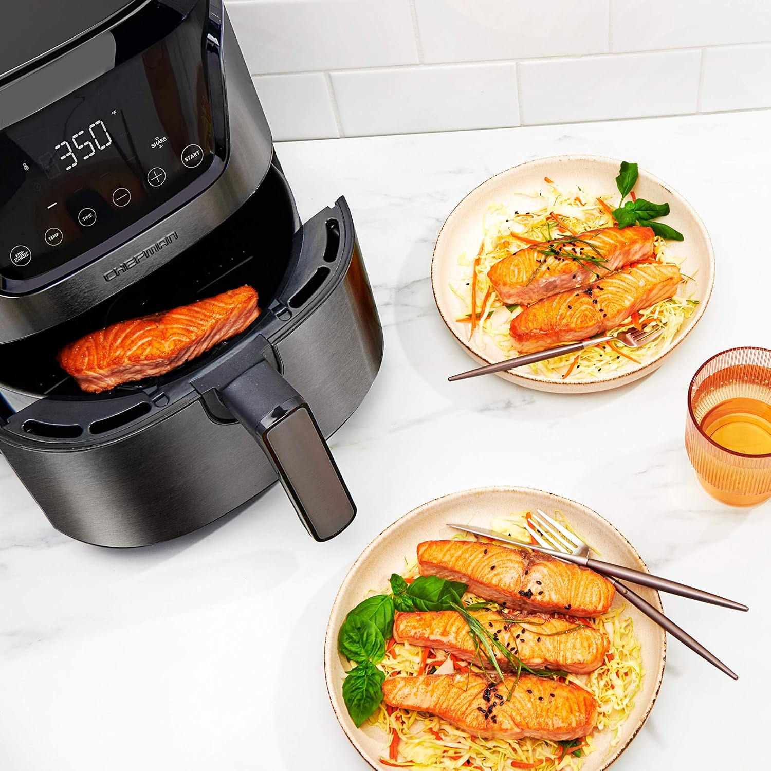 Chefman 6-Quart Double Basket Air Fryer with Easy View Window uses two separate 3-quart nonstick pans. wourant