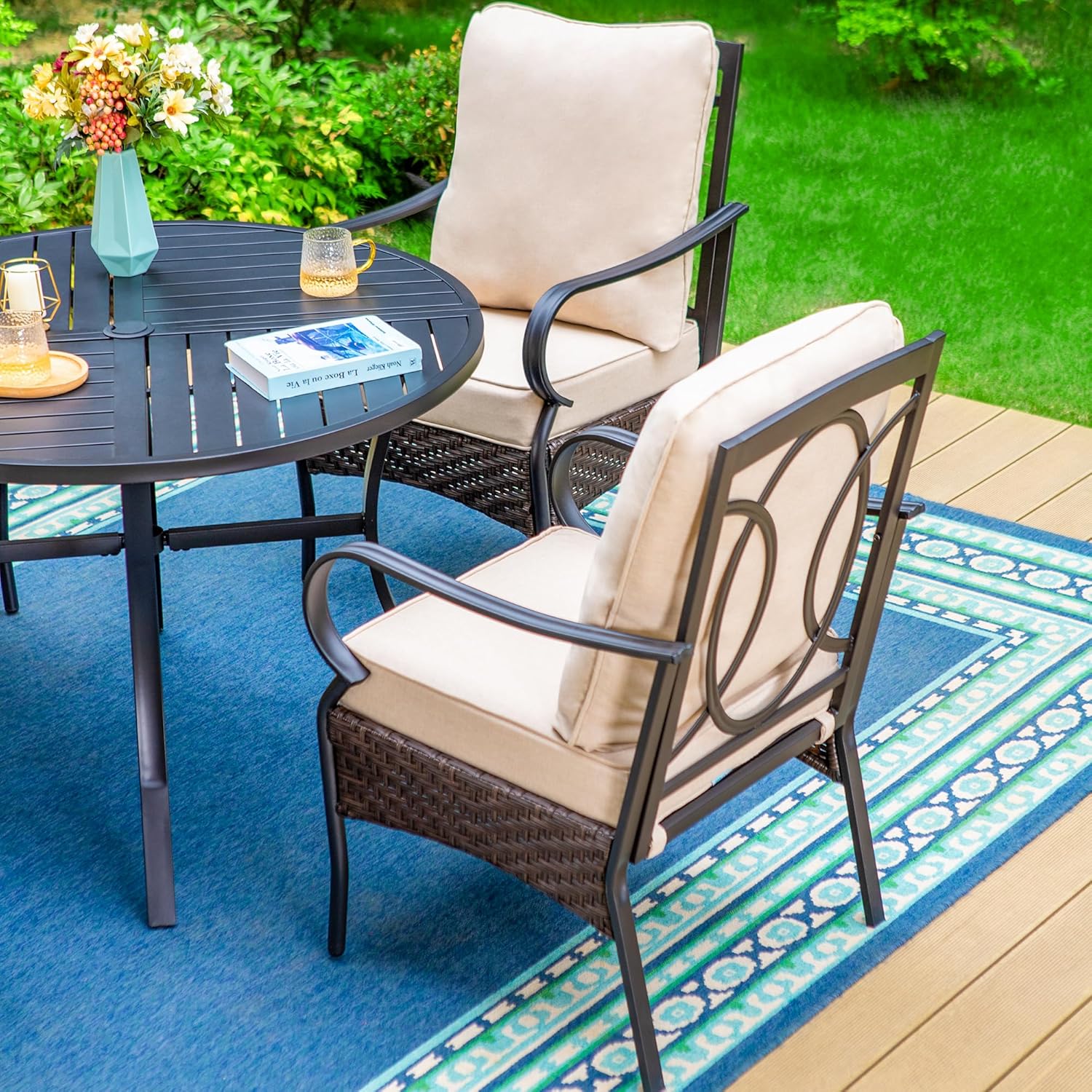 PHI VILLA 6-Piece Outdoor Dining Sets, All-Weather Patio Table and Chairs Set with Umbrella for 4, Heavy Duty Patio Round Table Set for Deck, 4 Extra Large Outdoor Swivel Chairs with Thick Cushions wourant