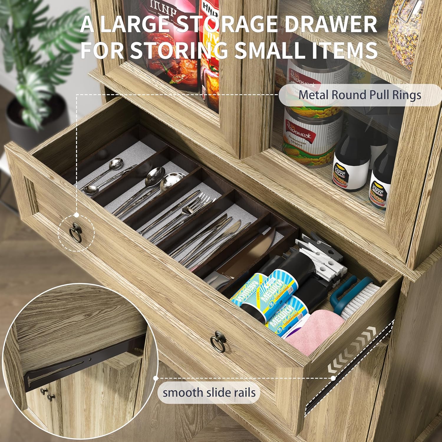Kitchen Hutch Pantry Cabinet 71" Tall with Glass Doors wourant