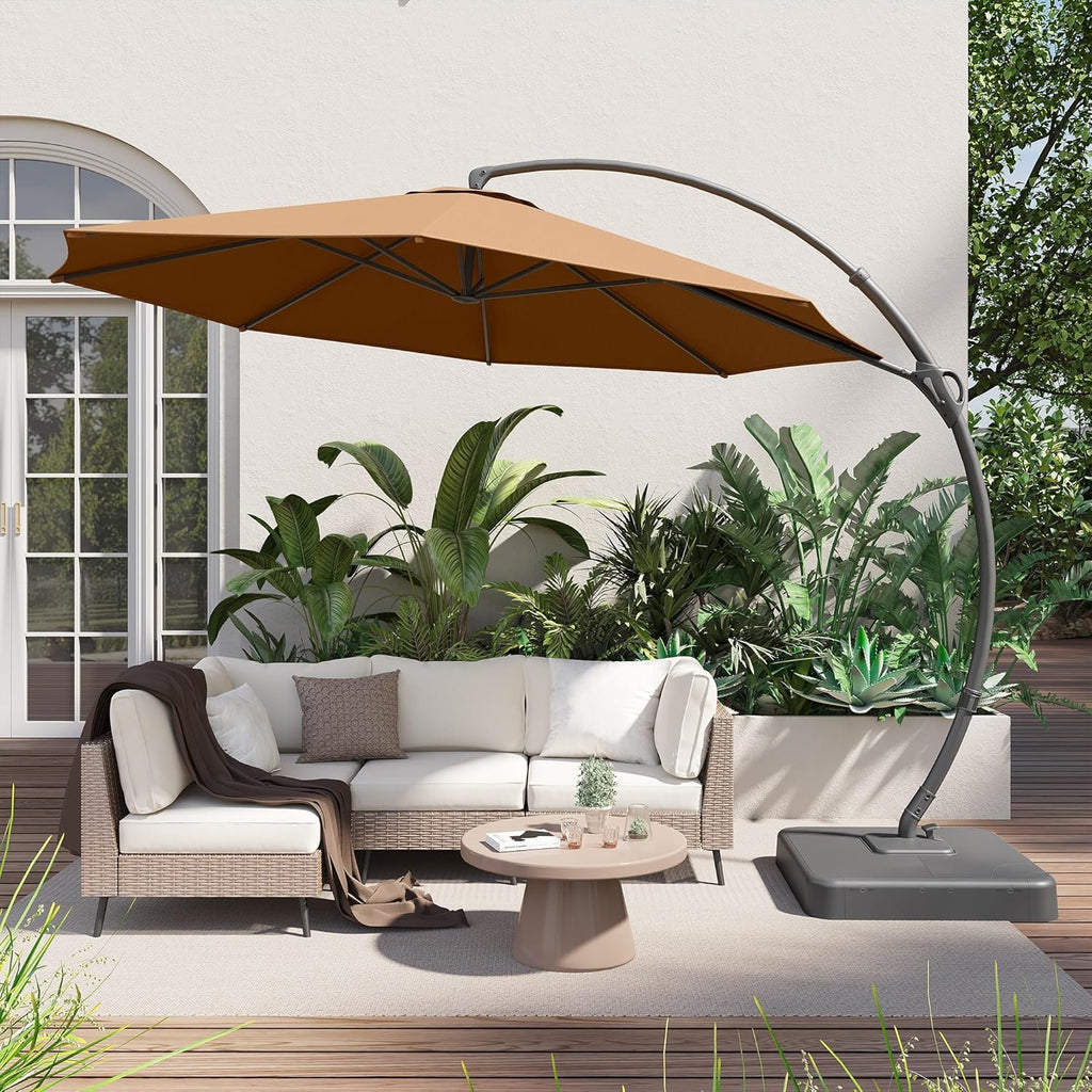 LAUSAINT HOME Outdoor Patio Umbrella with Base included, 11 FT Deluxe Curvy Cantilever Umbrella Heavy Duty Offset Hanging Umbrella with 360° Rotation for Market, Pool, Garden, Backyard, Deck (Beige) wourant