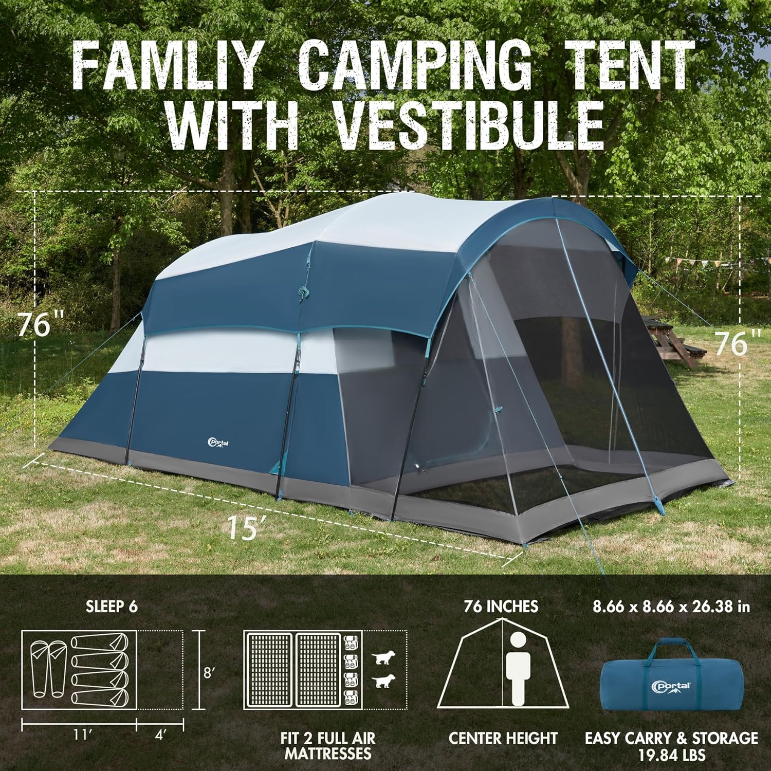 PORTAL 6/8/10 Person Family Camping Tent with Screen Room, Water Resistant Big Tunnel Tent with Rainfly, Large Family Tent for Outdoor Camping, Party wourant
