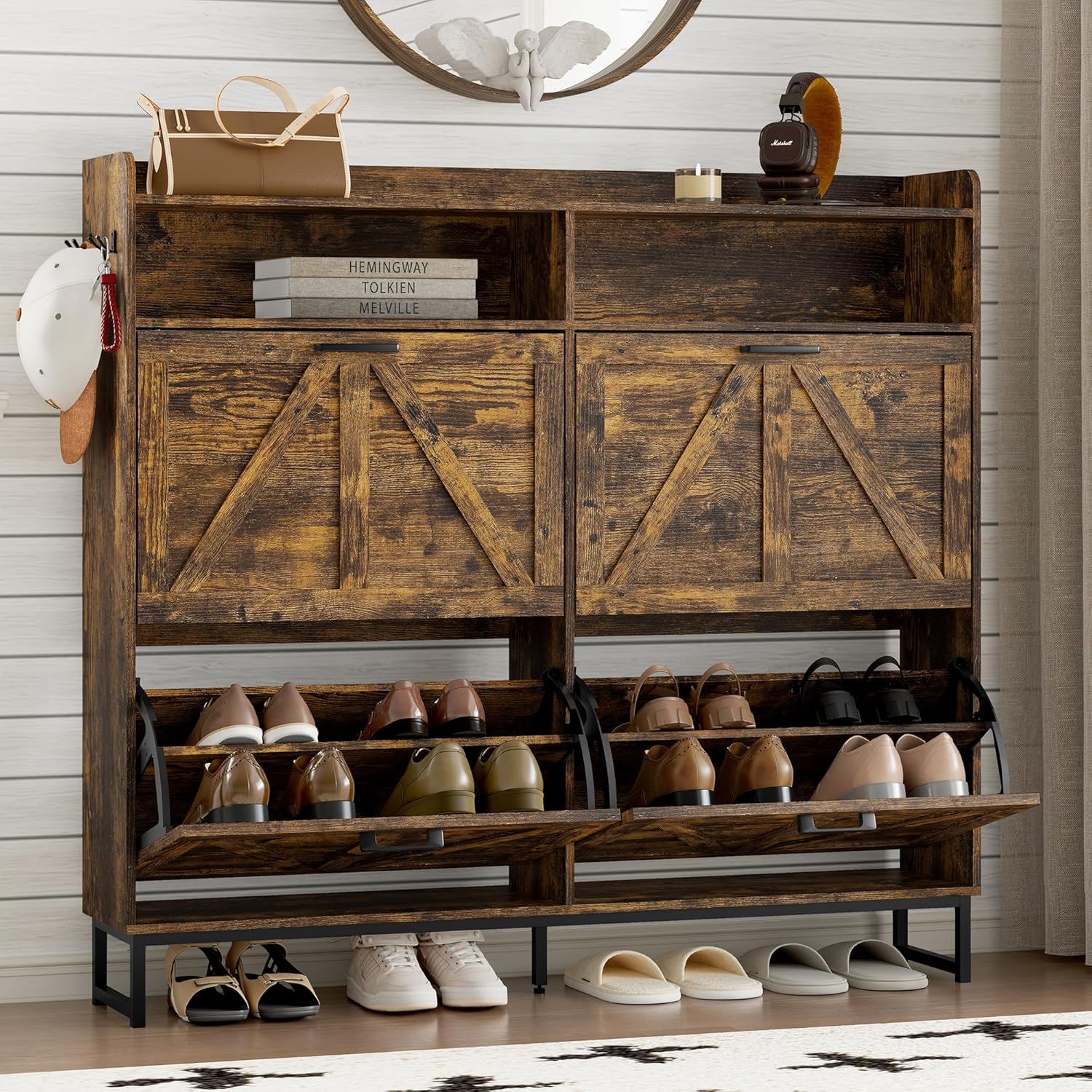 Shoe cabinet with 2 flip-top drawers Narrow shoe storage cabinet wourant