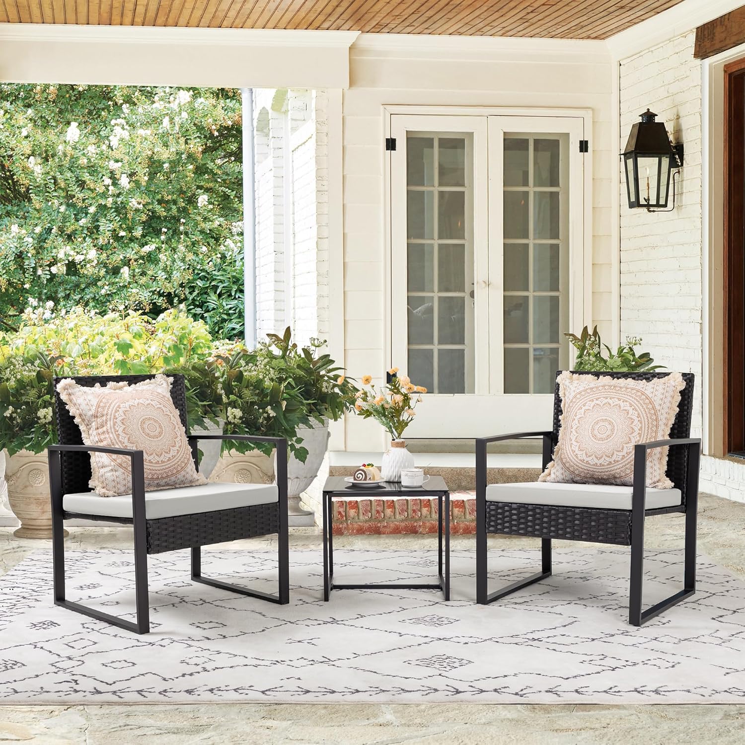 Flamaker 3 Pieces Patio Set Outdoor Wicker Furniture Sets Modern Rattan Chair Conversation Sets with Coffee Table for Yard and Bistro (Black) wourant