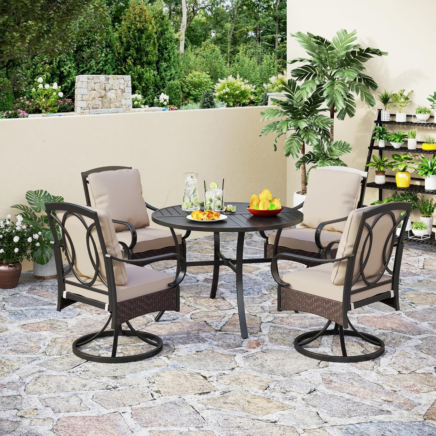 PHI VILLA 6-Piece Outdoor Dining Sets, All-Weather Patio Table and Chairs Set with Umbrella for 4, Heavy Duty Patio Round Table Set for Deck, 4 Extra Large Outdoor Swivel Chairs with Thick Cushions wourant