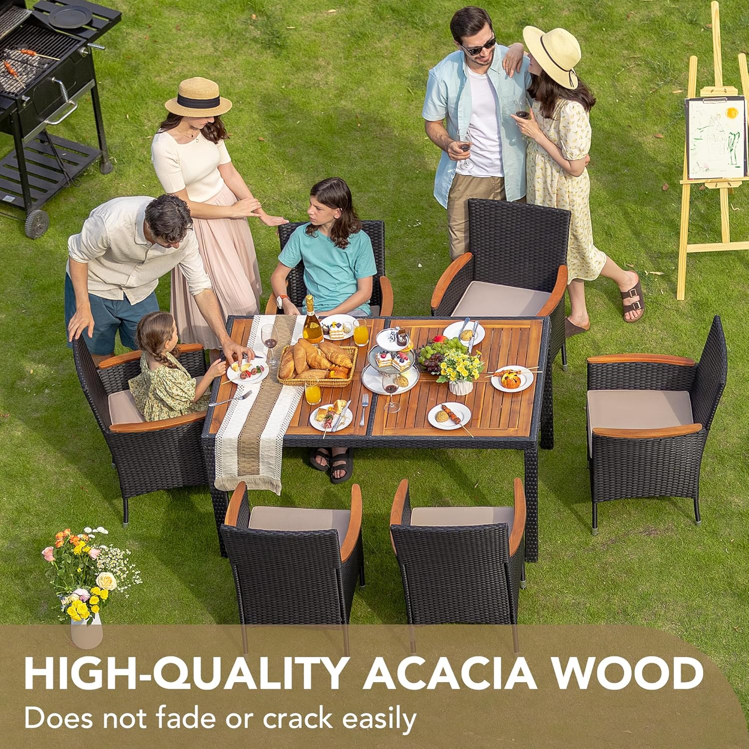 Devoko Dining 7 PCS Furniture, Patio Conversation Set with Acacia Wood Table Top, Rattan Outdoor, Black wourant