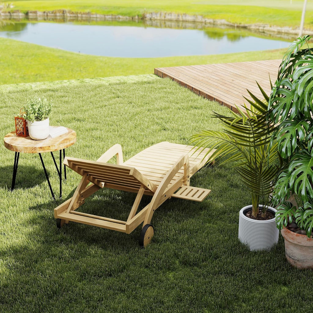Pool Chaise Lounge Chairs Set of 4 5-Position Adjustable Outdoor Patio Lounge Chairs Wood Reclining Chaise Lounger Chair with Pullout Side Table wourant