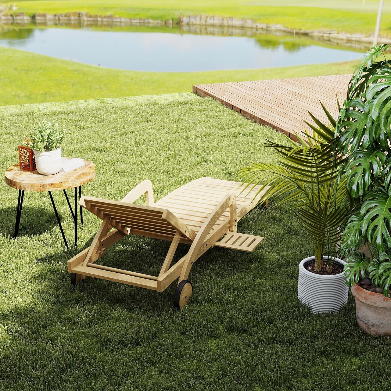 Pool Chaise Lounge Chairs Set of 4 5-Position Adjustable Outdoor Patio Lounge Chairs Wood Reclining Chaise Lounger Chair with Pullout Side Table wourant