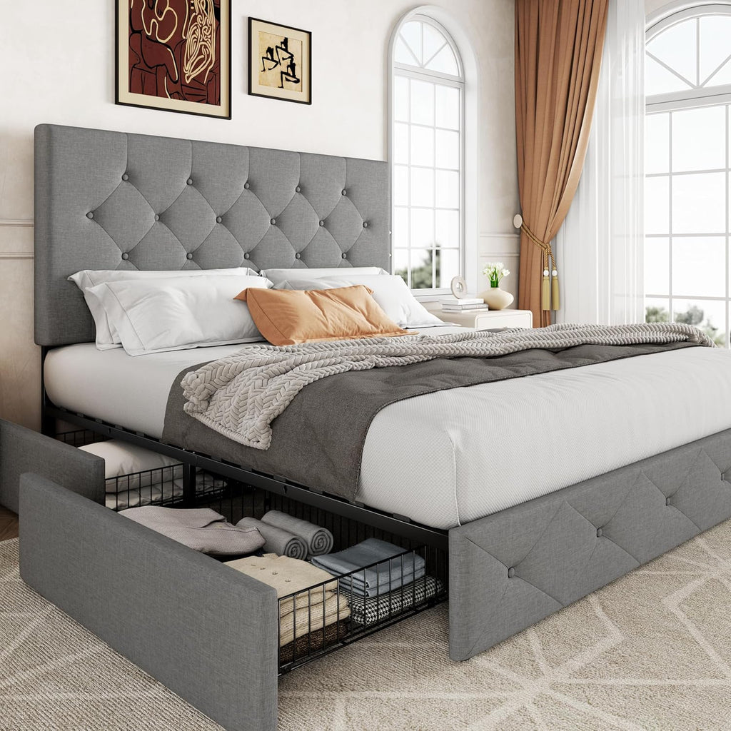 Allewie Upholstered Queen Size Platform Bed Frame with 4 Storage Drawers and Headboard wourant