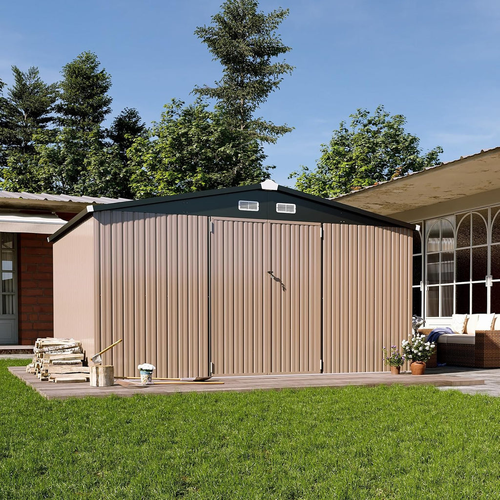 Aoxun 12x10 FT Shed Metal Outdoor Waterproof Storage Shed Steel Utility Garden Tool Shed with Door & Lock Outdoor Storage for Garden Patio Lawn Poolside, Brown wourant