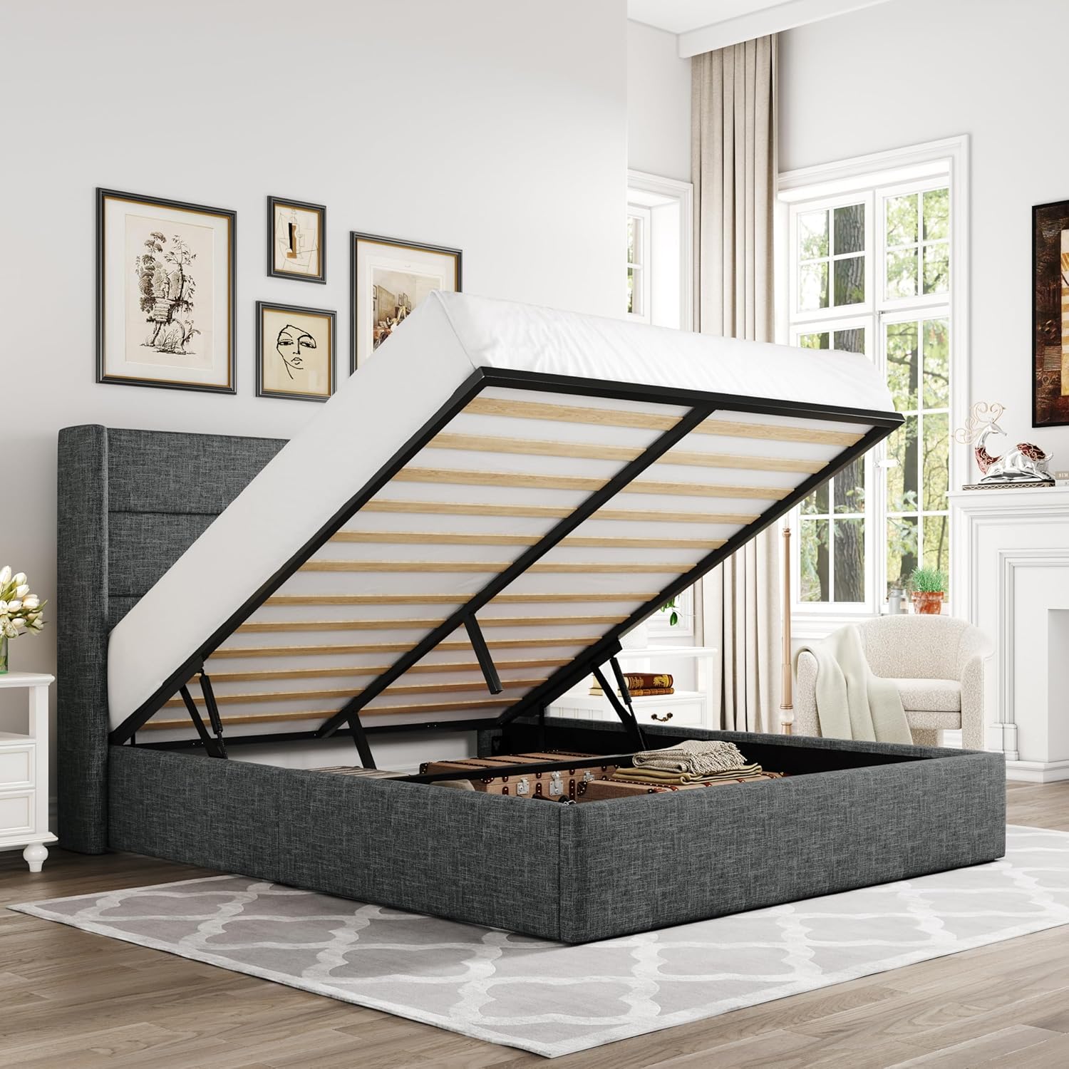Allewie Queen Size Lift Up Storage Bed Modern Wingback Headboard Hydraulic Support wourant
