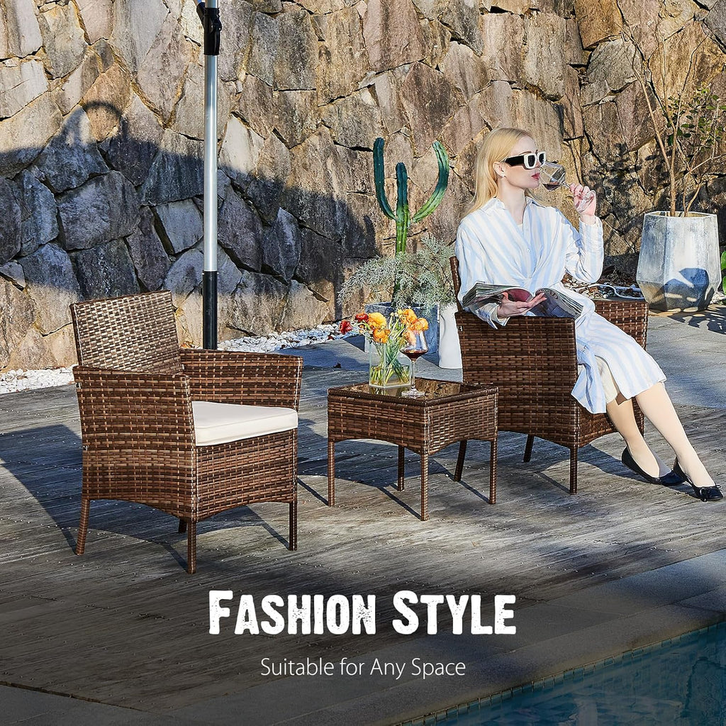 Sweetcripy Patio Furniture Set 3 Pieces, Outdoor Furniture with Soft Cushion and Glass Table, All Weather Manual Weaving Wicker Rattan Patio Chairs for Garden, Terrace, Porch(Black and Beige) wourant