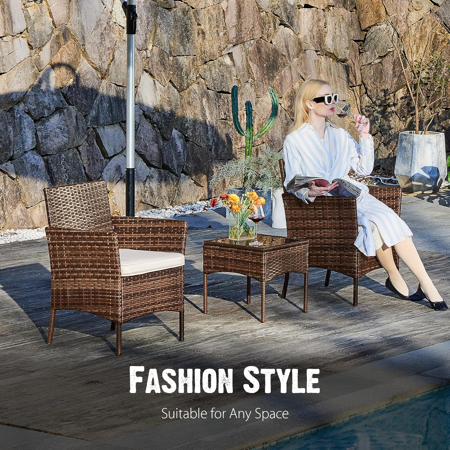 Sweetcripy Patio Furniture Set 3 Pieces, Outdoor Furniture with Soft Cushion and Glass Table, All Weather Manual Weaving Wicker Rattan Patio Chairs for Garden, Terrace, Porch(Black and Beige) wourant
