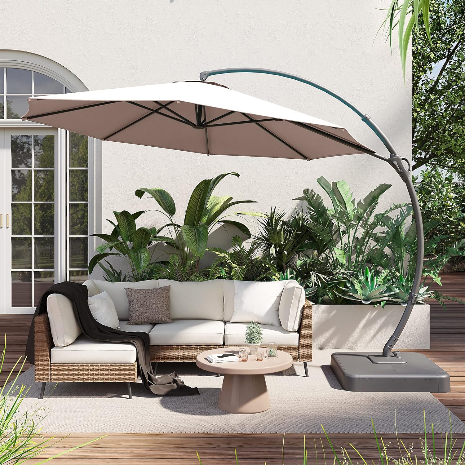 LAUSAINT HOME Outdoor Patio Umbrella with Base included, 11 FT Deluxe Curvy Cantilever Umbrella Heavy Duty Offset Hanging Umbrella with 360° Rotation for Market, Pool, Garden, Backyard, Deck (Beige) wourant