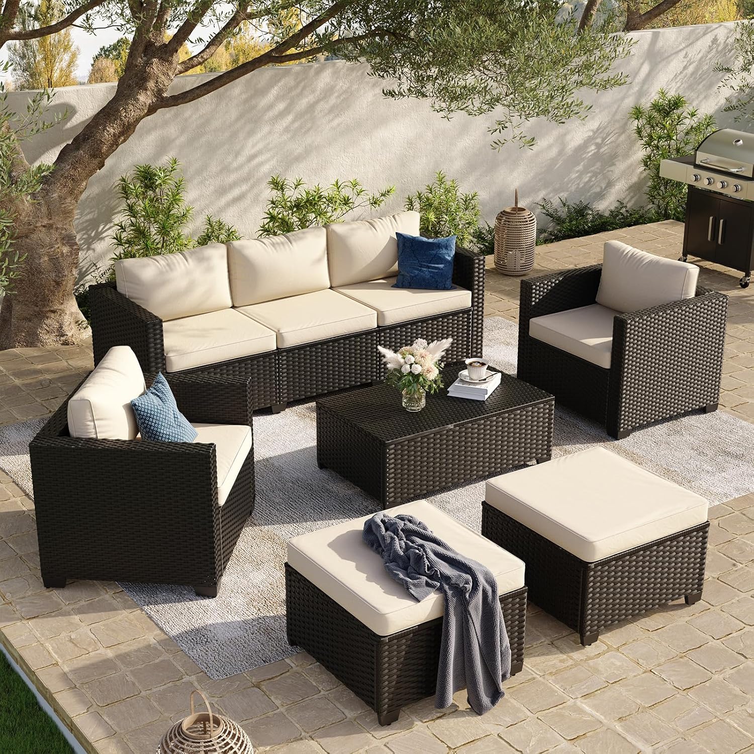 Aoxun 8 Piece Outdoor Patio Furniture Set 7 Seats, Outdoor Sectional with Thick Waterproof Cushions & Storage Coffee Table, Patio Conversation Sets for Garden,Backyard, Porch, Balcony, Deck, Beige woonhhop
