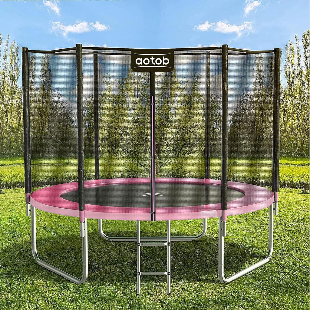 AOTOB 8FT 10FT 12FT 14 FT 15FT Trampoline with Safety Enclosure Net，Outdoor Trampoline with Basketball Hoop, Heavy Duty Jumping Mat and Spring Cover Padding for Kids and Adults, Storage Bag and Ladder wourant