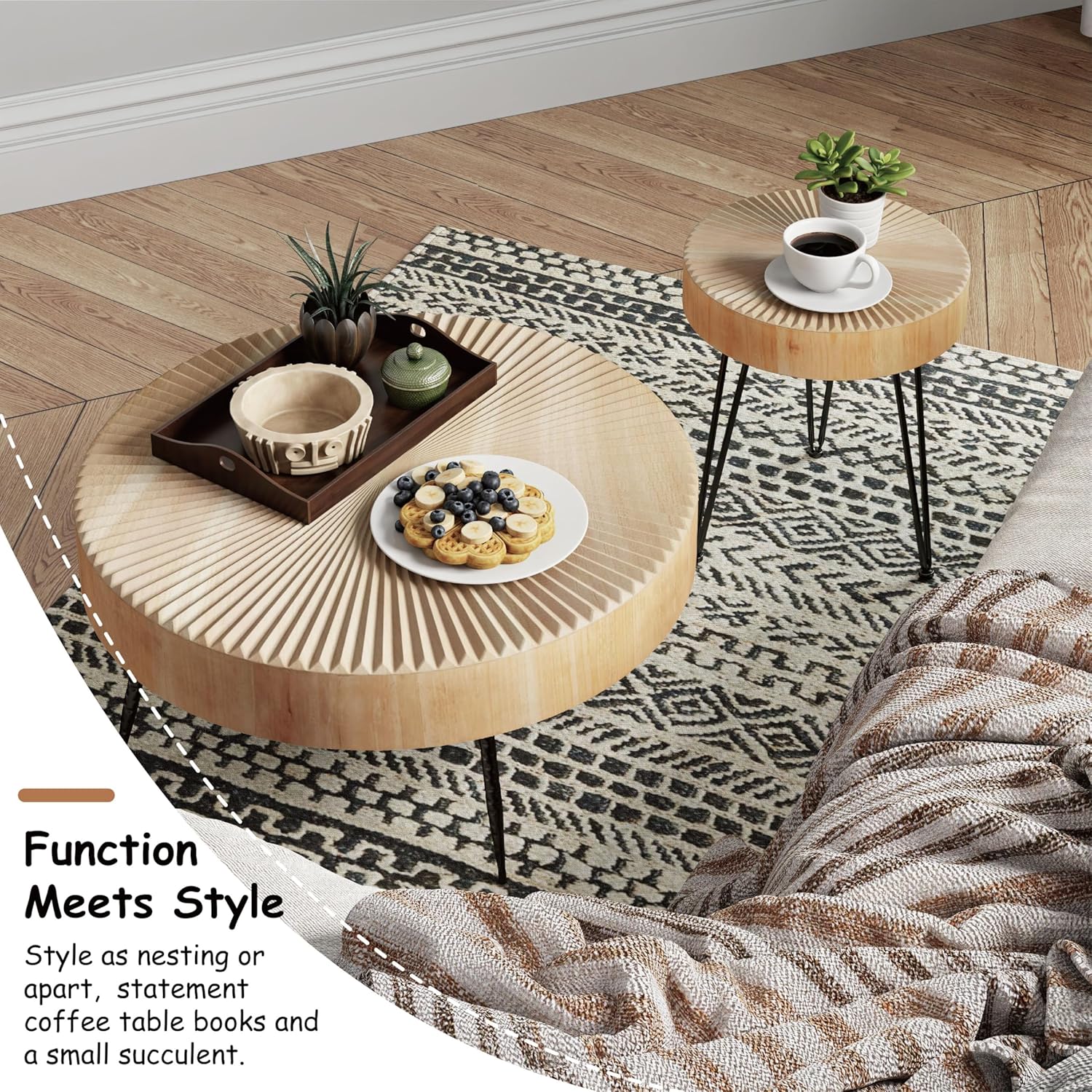 Two-Piece Modern Farmhouse Living Room Coffee Table Set Round Nesting Tables wourant
