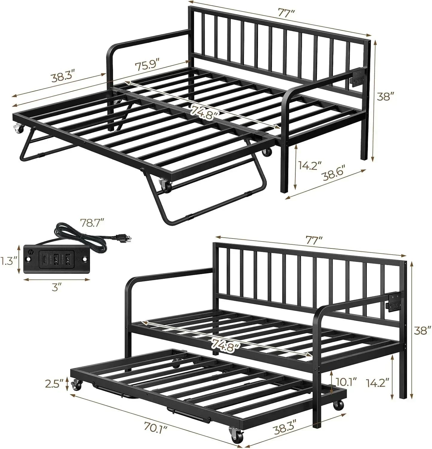 Rolanstar Daybed with Charging Station and LED Lights Height Adjustable Twin Daybed wourant