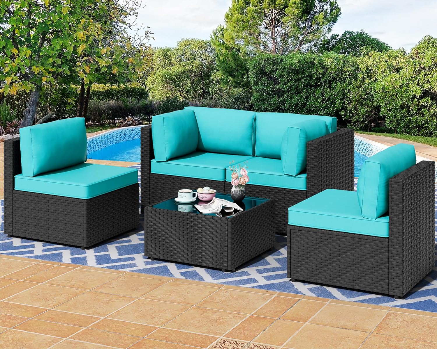 7 Pieces Outdoor Patio Sectional Sofa Couch, Wicker Furniture Patio Conversation Sets with Washable Cushions & Coffee Table for Garden, Poolside, Backyard woonhhop