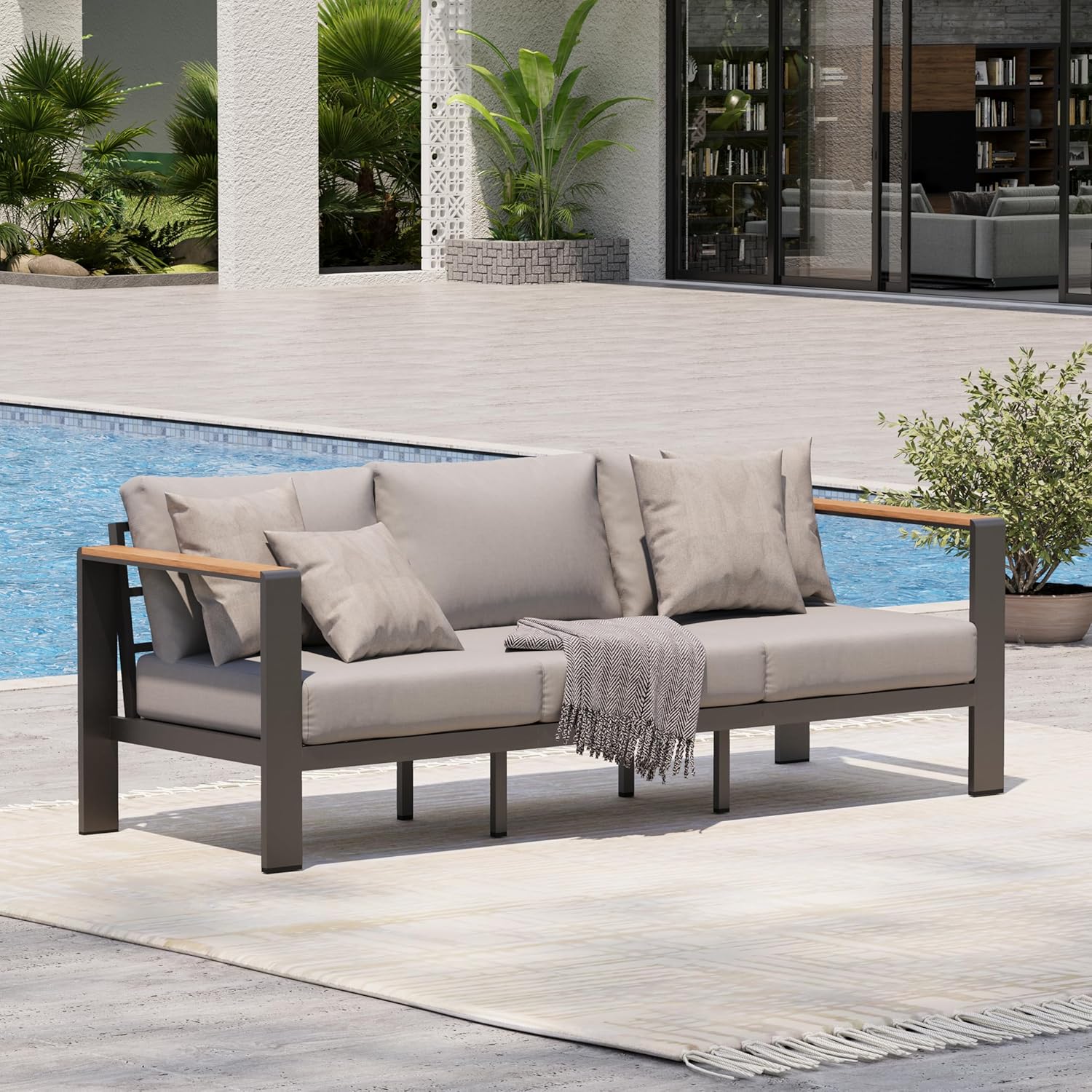 Aluminum Outdoor Patio Furniture Set with Coffee Table, 4 Piece Patio Conversation Sets with Washable Thick Cushions, Outdoor Sectional Furniture Set for Poolside, Balcony, Deck, Gray woonhhop