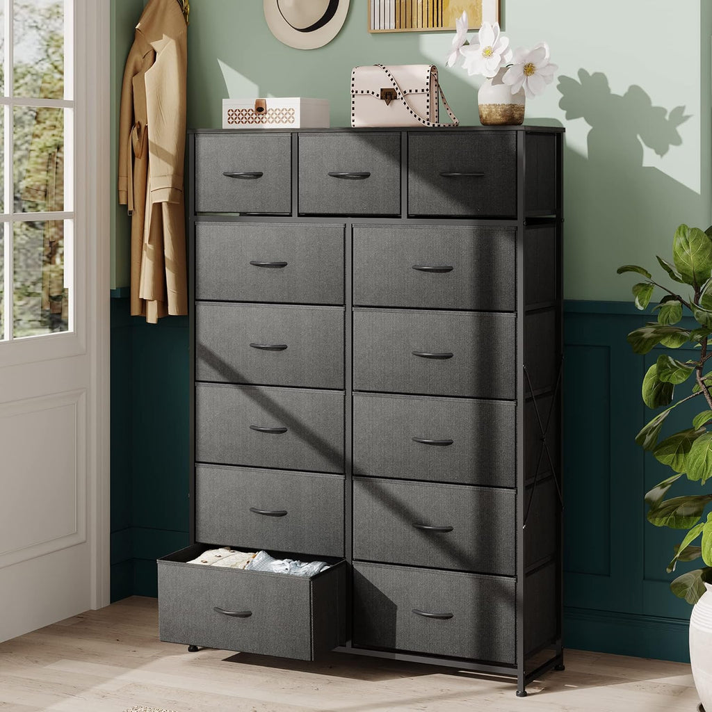 WLIVE Storage Organizer Unit with 13 Fabric Bins, Storage Drawers Organizer with Steel Frame, Tall Storage Tower Organizaton for Living Room, Hallway, Office, Charcoal Black wourant