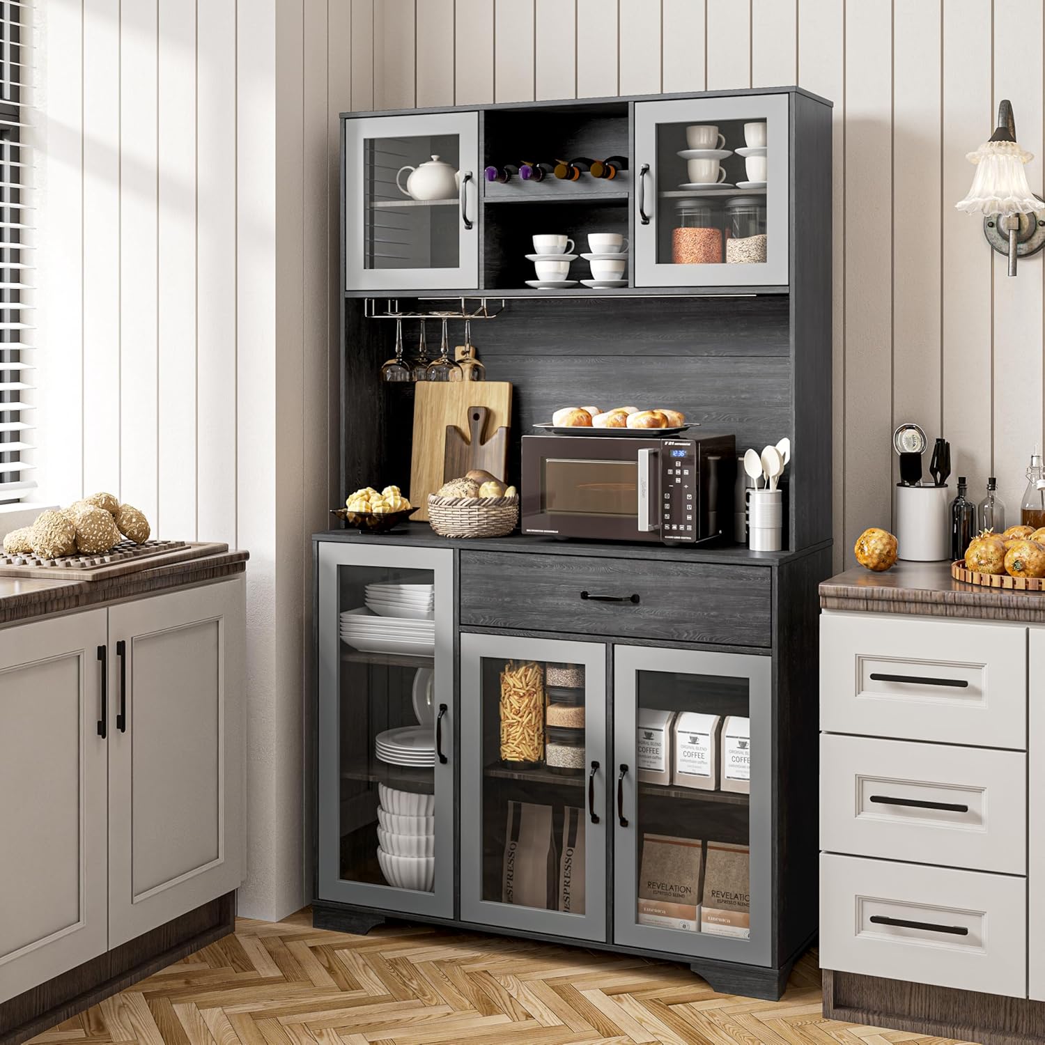 Kitchen Hutch Pantry Cabinet 71" Tall with Glass Doors wourant