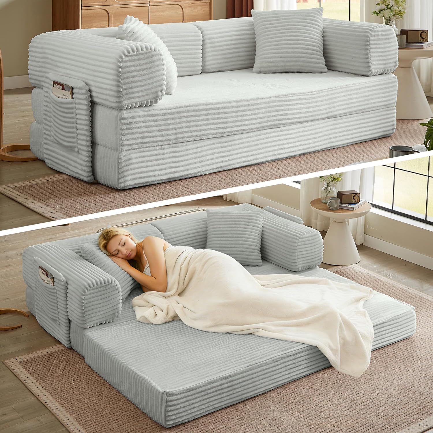 Boneless Couch Folding Couches for Living Room Sofa, Futon Sofa Bed with Sleeper Sofa, Futon Couch with Fixed-Shape Oversized Corduroy Upholstered (White, 81 Inches) wourant