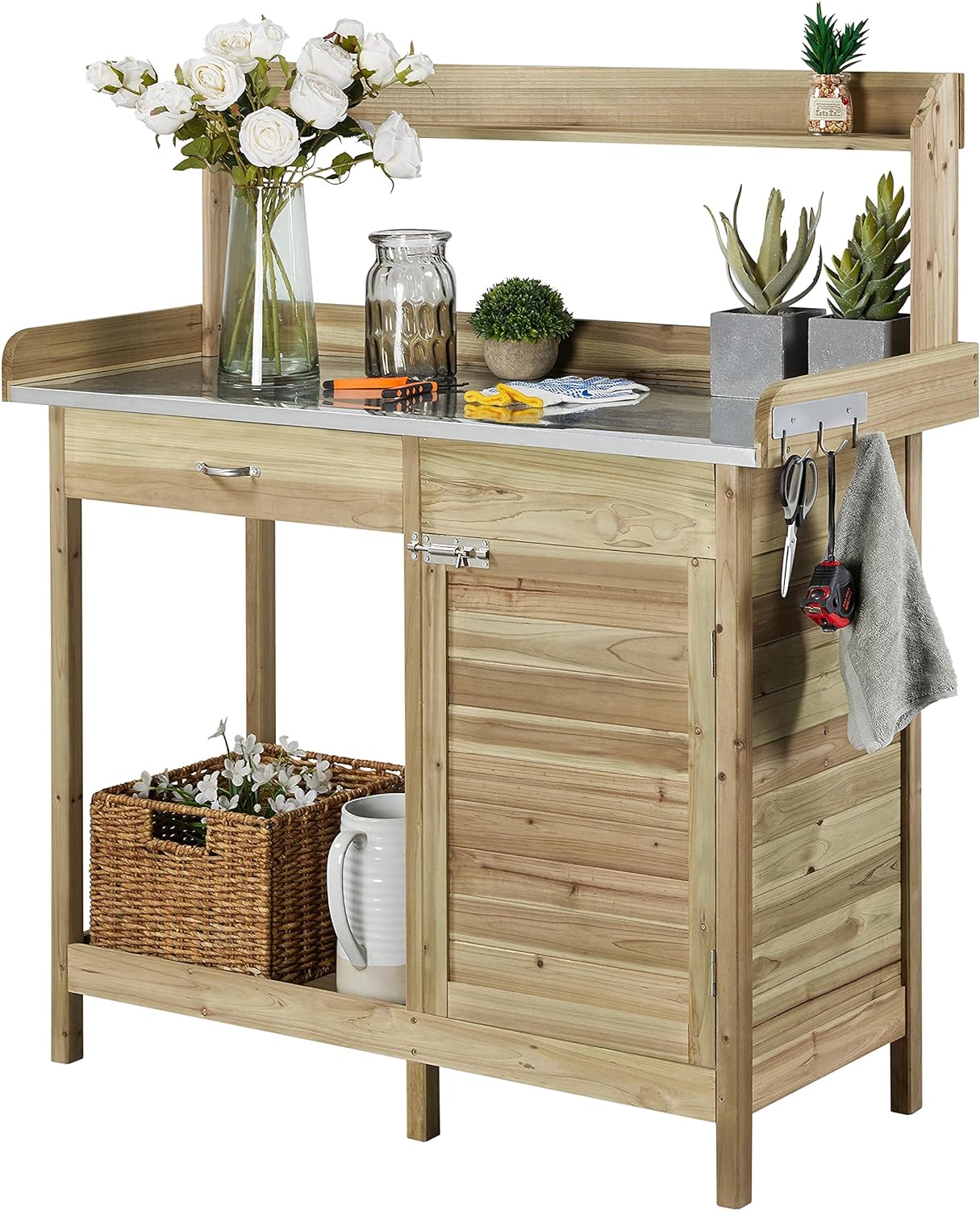 Yaheetech Outdoor Garden Potting Bench Table Work Bench Metal Tabletop W/Cabinet Drawer Open Shelf Natural Wood wourant