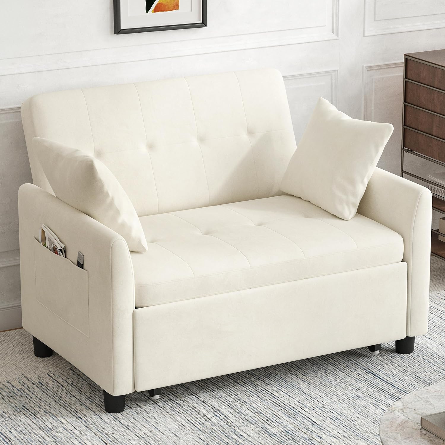 Sleeper Sofa Bed, 3 in 1 Convertible Sleeper Couch Bed Pull Out, Small Loveseat Sofa, Futon Sofa Bed Full Size, 46" Velvet Love Seat wourant
