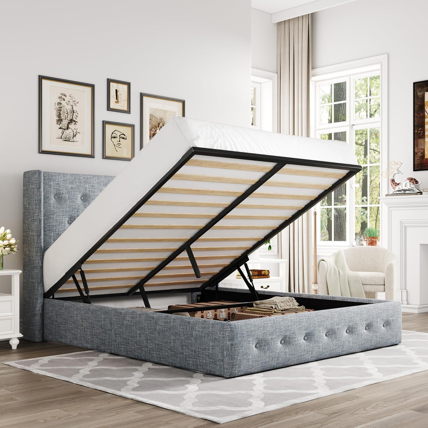 Allewie Queen Size Lift Up Storage Bed Modern Wingback Headboard Hydraulic Support wourant