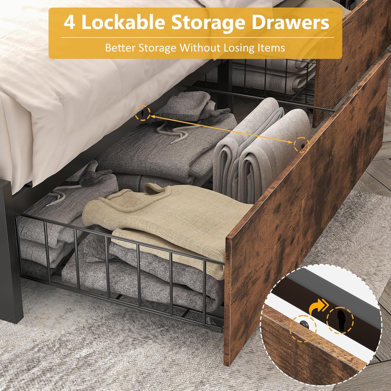 Lifezone Queen Bed Frame with 2-Tier Storage Headboard, Metal Platform Bed Frame with 4 Storage Drawers, Built in Charging Station & LED, Noise-Free/Metal Support/No Box Spring Needed wourant