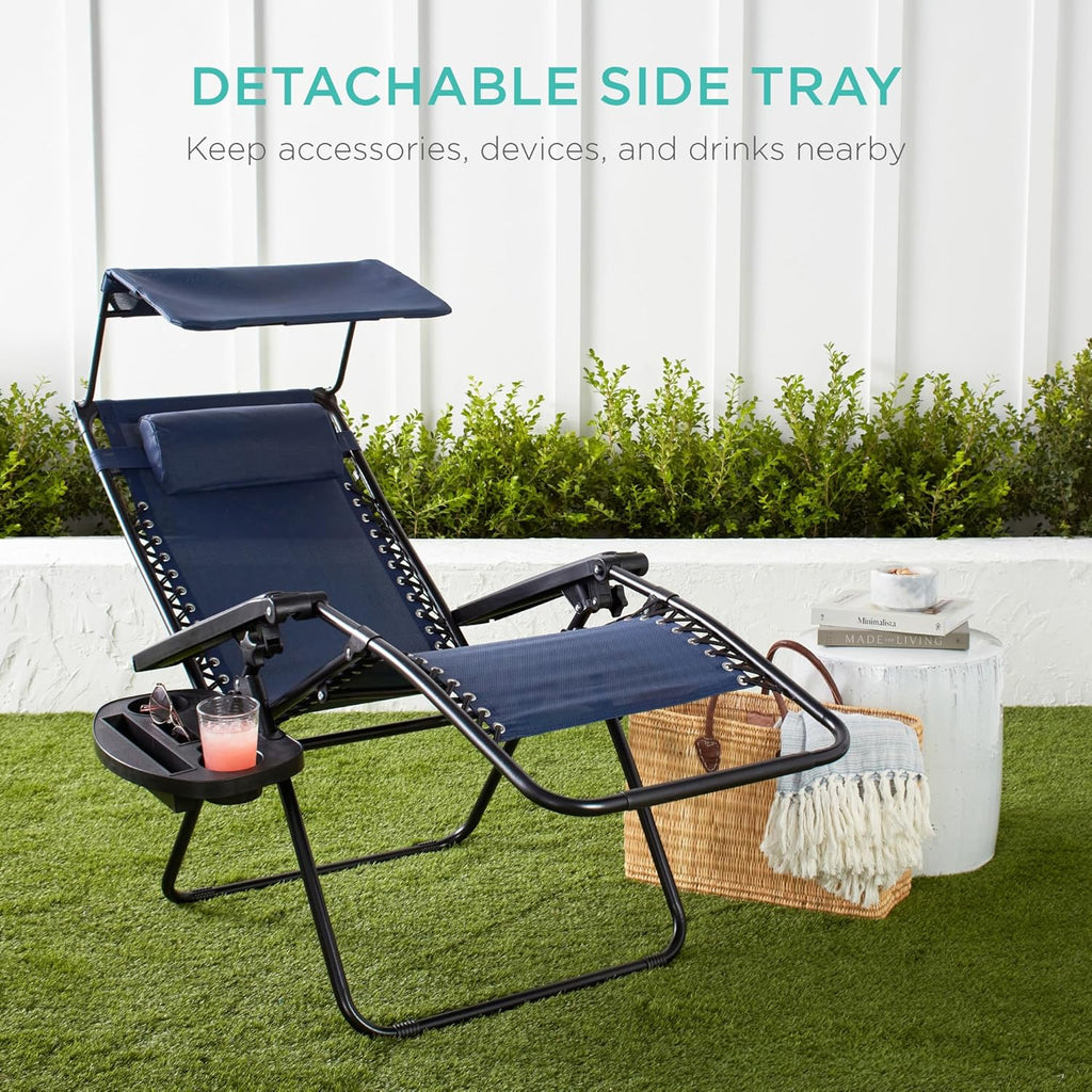 Best Choice Products Folding Zero Gravity Outdoor Recliner Patio Lounge Chair w/Adjustable Canopy Shade, Headrest, Side Accessory Tray, Textilene Mesh - Peacock Blue wourant