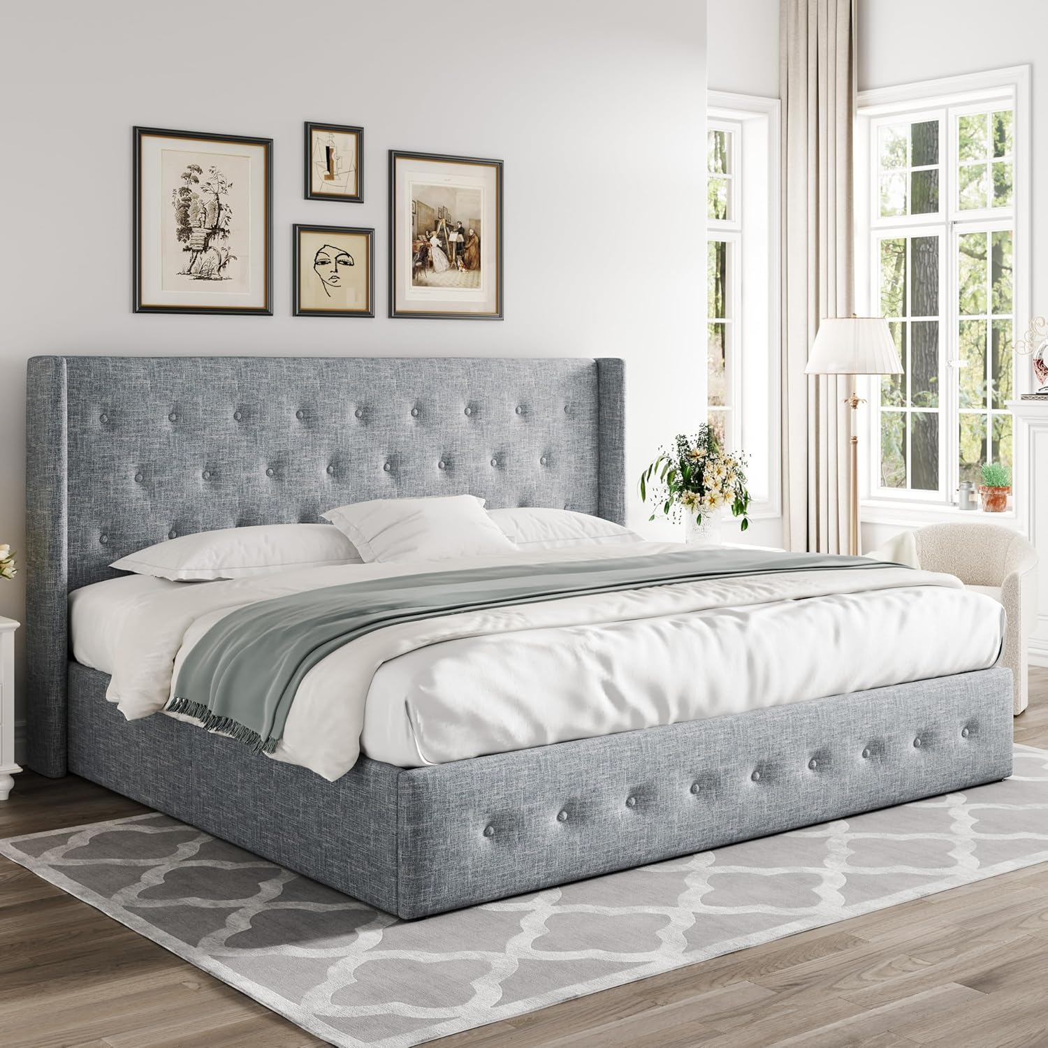 Allewie Queen Size Lift Up Storage Bed Modern Wingback Headboard Hydraulic Support wourant