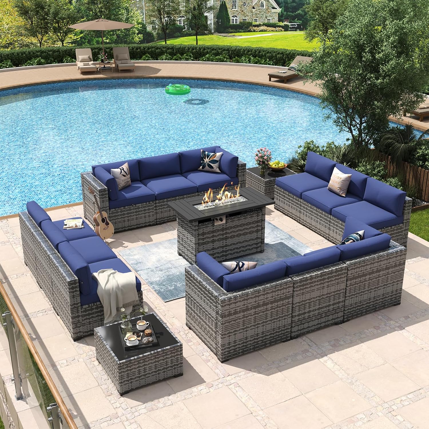 Aoxun 8 Piece Patio Furniture Set with 44?Fire Pit Table Wicker Rattan Outdoor Sectional Sofa Set with Coffee Table and Thickened Cushions, Beige (Waterproof Cover Included) woonhhop
