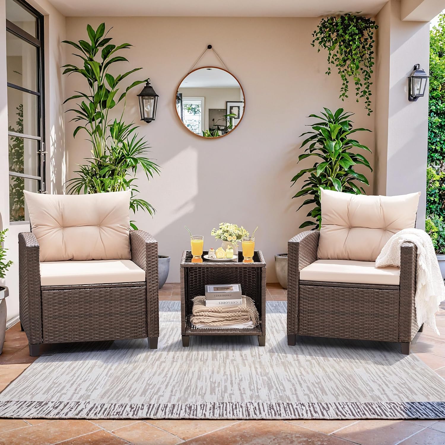 Devoko 3 Pieces Patio Furniture Set, PE Rattan Wicker Patio Set with Two Outdoor Chairs and Table, Upgraded Patio Chairs and Table for Porch, Garden Poolside Balcony woonhhop