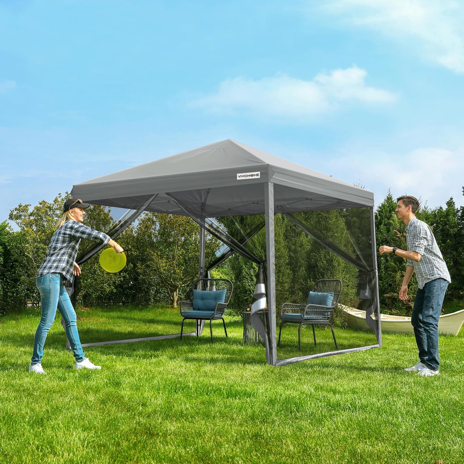 10x10ft Easy Pop-Up Canopy, Outdoor Screen Tent with Mosquito Netting, 2 Zipper Doors, and Roller Bag for Yard Camping Picnic Party Events, Beige wourant
