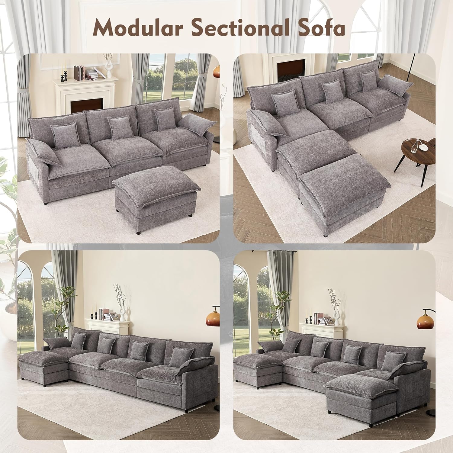 108 Inch U Shape Sofa Sectional Sofa Comfortable Cloud Sofa with Removable Footstool wourant