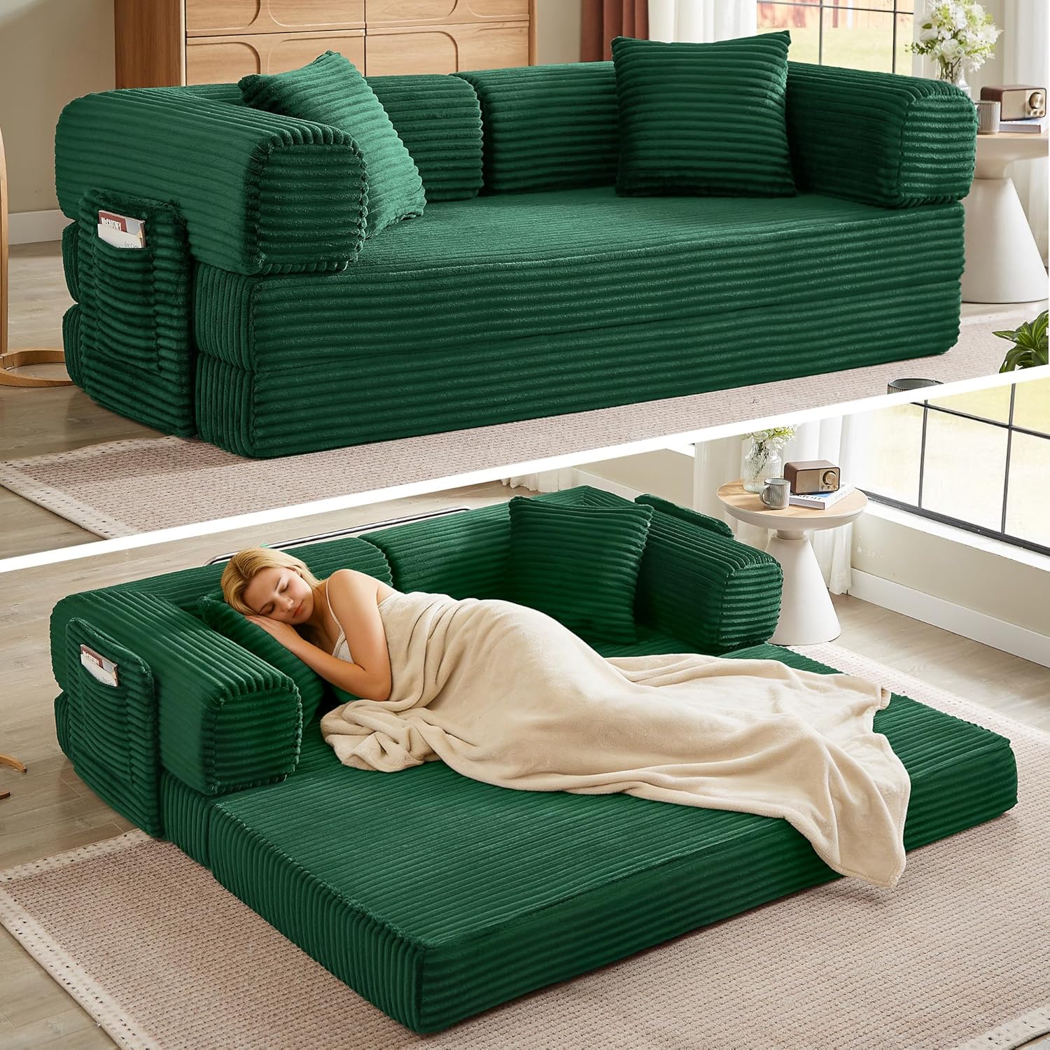 Boneless Couch Folding Couches for Living Room Sofa, Futon Sofa Bed with Sleeper Sofa, Futon Couch with Fixed-Shape Oversized Corduroy Upholstered (White, 81 Inches) wourant