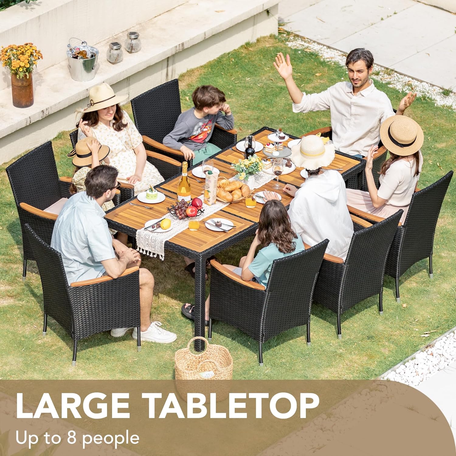 Devoko Dining 7 PCS Furniture, Patio Conversation Set with Acacia Wood Table Top, Rattan Outdoor, Black wourant