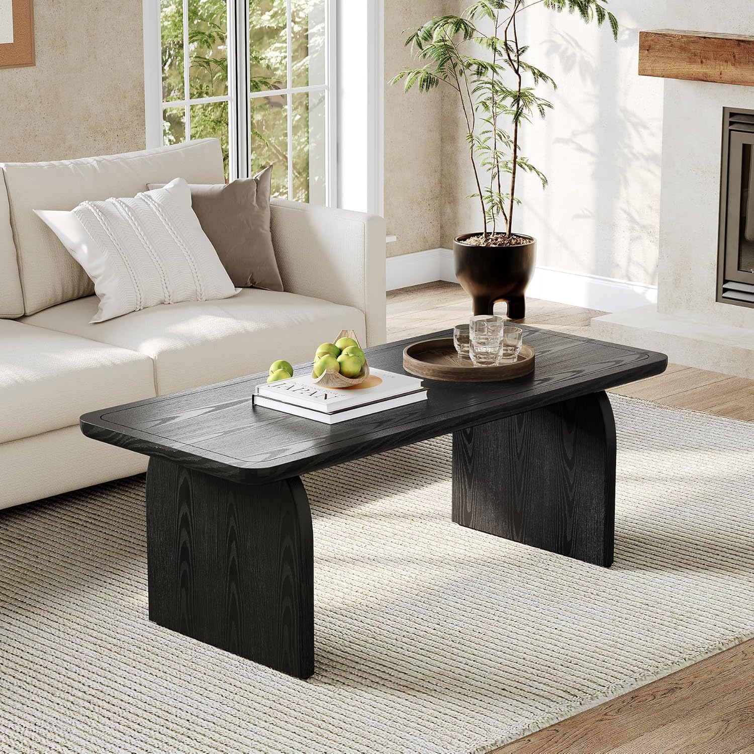 LITTLE TREE Farmhouse Coffee Table, 47 Inch Round Corner Wood Center Table, Rectangular Living Room Table, Modern Low Cocktail Tea Set wourant