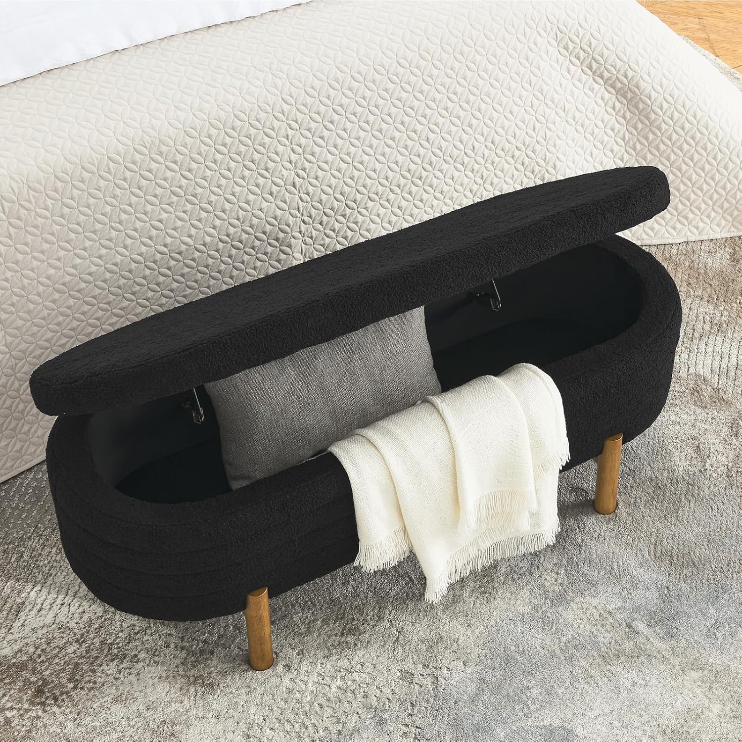 Furniliving Modern Storage Ottoman Bench, Sherpa Ottoman End of Bed Bench with Solid Wood Legs Upholstered Ottoman Benches with Storage Indoor Bench wourant