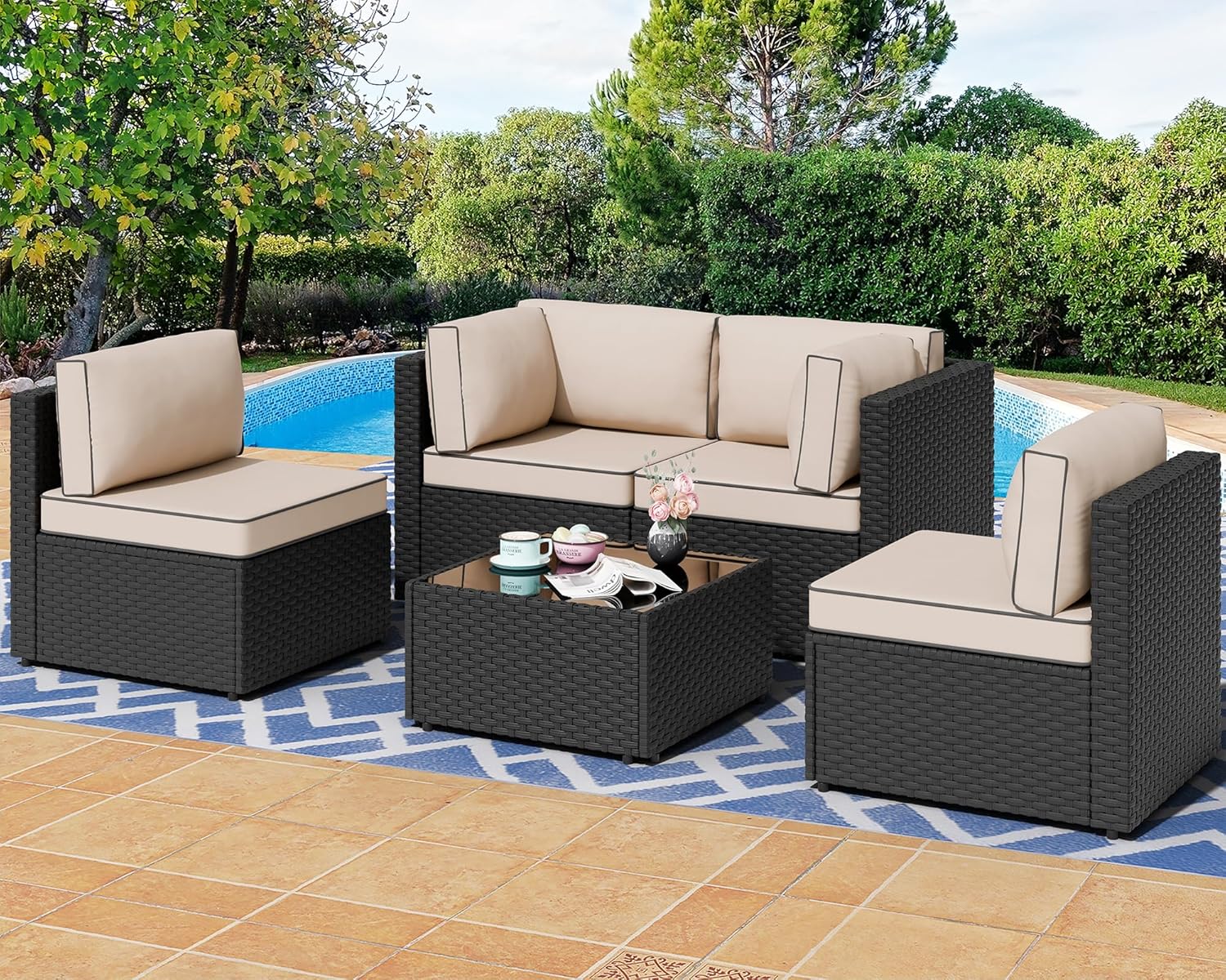 7 Pieces Outdoor Patio Sectional Sofa Couch, Wicker Furniture Patio Conversation Sets with Washable Cushions & Coffee Table for Garden, Poolside, Backyard woonhhop