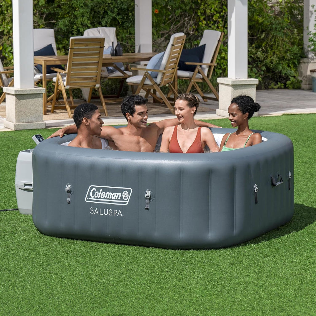 Coleman SaluSpa Atlantis AirJet 4 to 6 Person Inflatable Hot Tub Square Portable Outdoor Spa with 140 Soothing Jets with Cover, Blue wourant