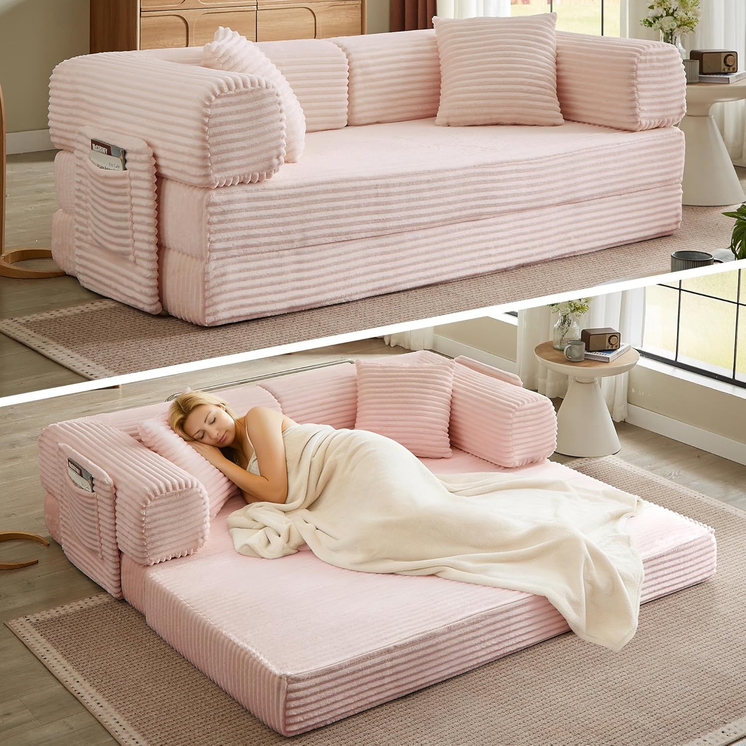 Boneless Couch Folding Couches for Living Room Sofa, Futon Sofa Bed with Sleeper Sofa, Futon Couch with Fixed-Shape Oversized Corduroy Upholstered (White, 81 Inches) wourant