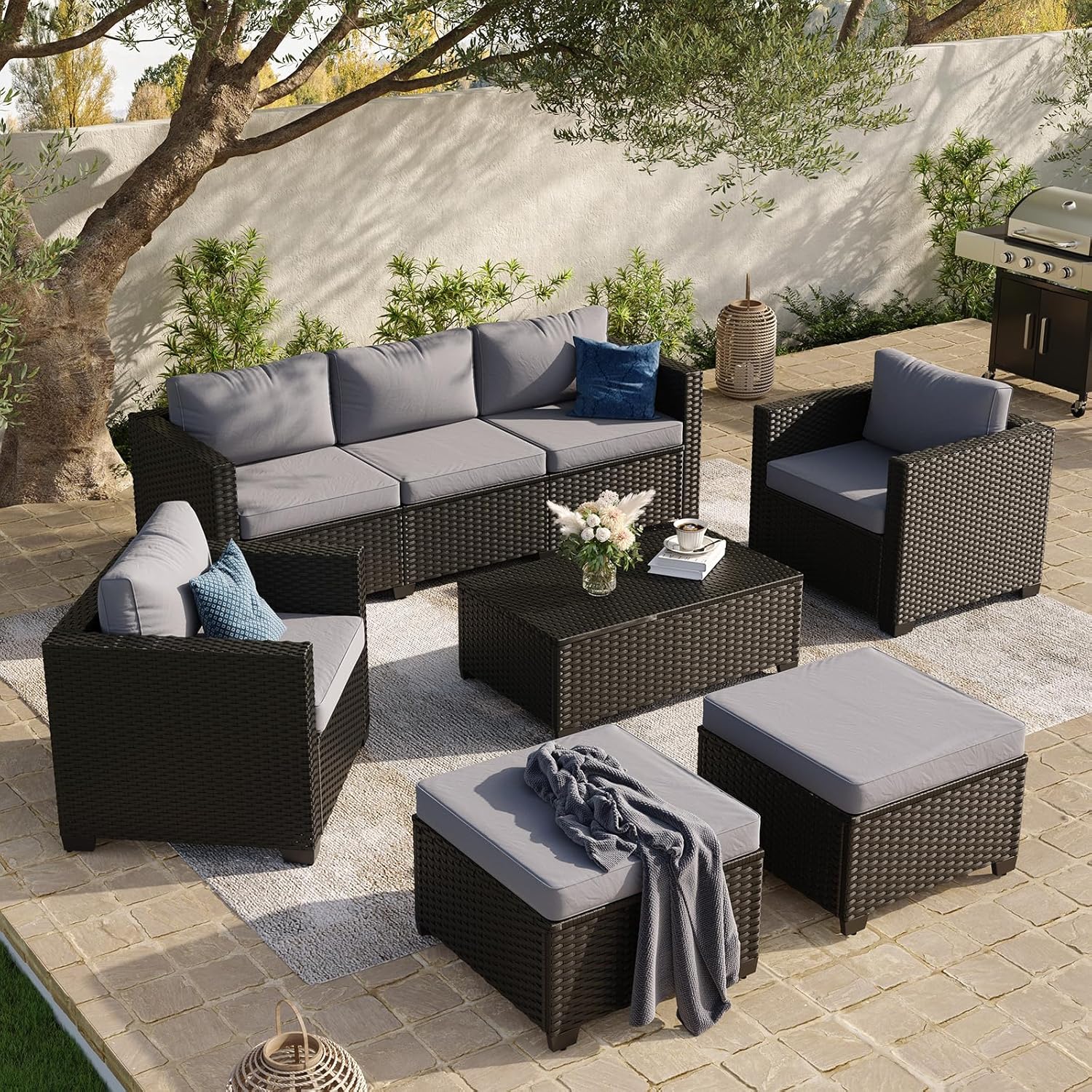 Aoxun 8 Piece Outdoor Patio Furniture Set 7 Seats, Outdoor Sectional with Thick Waterproof Cushions & Storage Coffee Table, Patio Conversation Sets for Garden,Backyard, Porch, Balcony, Deck, Beige woonhhop